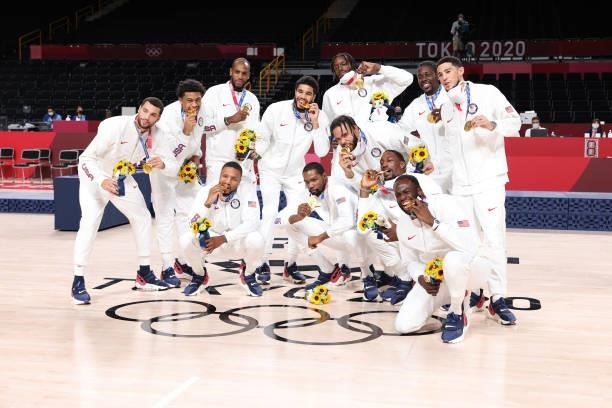 The USA Men's National Team pose for a group picture during the Medal Ceremony of the 2020 Tokyo Olympics at the Saitama Super Arena on August 7,...