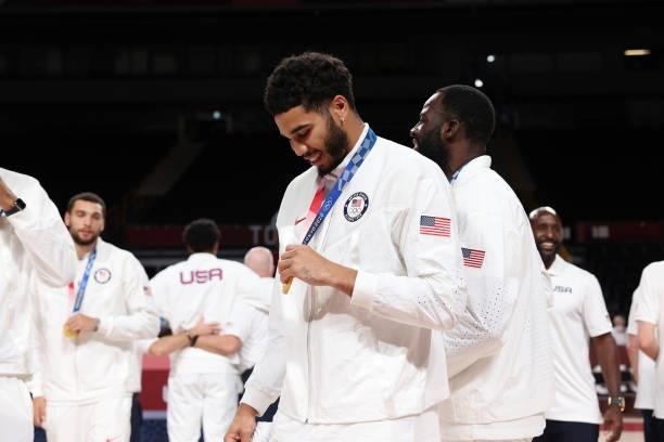 Jayson Tatum of the USA Men's National Team smiles during the Medal Ceremony of the 2020 Tokyo Olympics at the Saitama Super Arena on August 7, 2021...