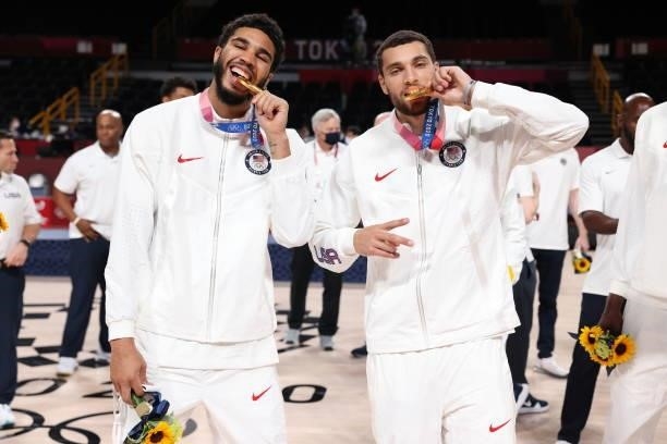 Jayson Tatum and Zach LaVine of the USA Men's National Team pose for a picture during the Medal Ceremony of the 2020 Tokyo Olympics at the Saitama...