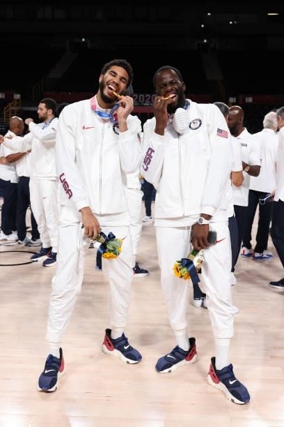 Jayson Tatum and Draymond Green of the USA Men's National Team pose for a picture during the Medal Ceremony of the 2020 Tokyo Olympics at the Saitama...