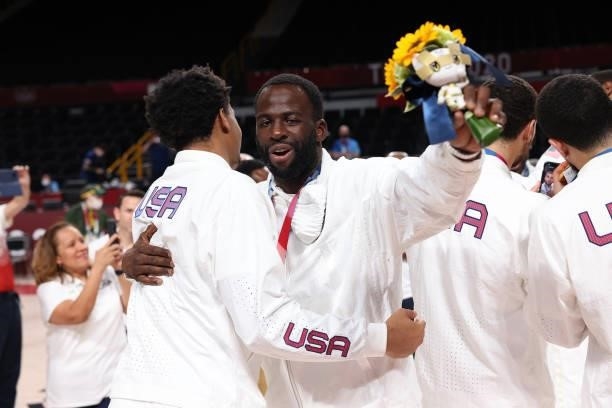 Draymond Green of the USA Men's National Team smiles during the Medal Ceremony of the 2020 Tokyo Olympics at the Saitama Super Arena on August 7,...