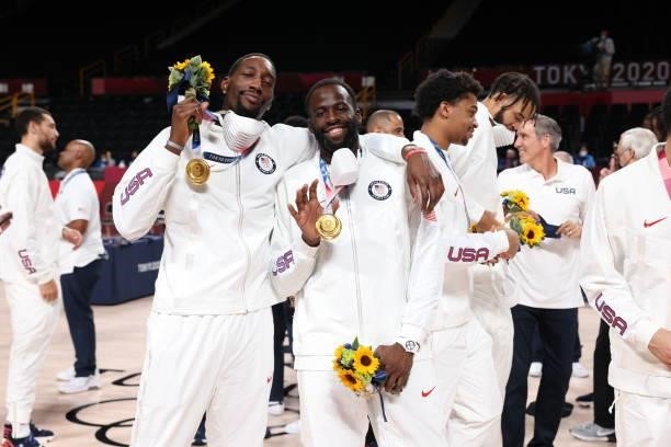 Bam Adebayo and Draymond Green of the USA Men's National Team pose for a picture during the Medal Ceremony of the 2020 Tokyo Olympics at the Saitama...