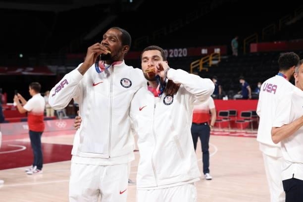 Kevin Durant and Zach LaVine of the USA Men's National Team pose for a picture during the Medal Ceremony of the 2020 Tokyo Olympics at the Saitama...