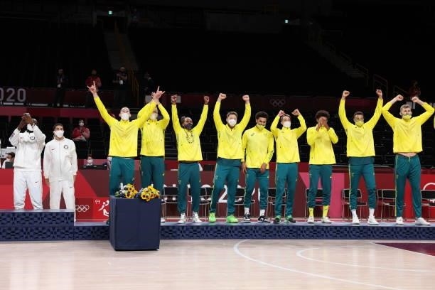 The Australia Men's National Team celebrate during the Medal Ceremony of the 2020 Tokyo Olympics at the Saitama Super Arena on August 7, 2021 in...