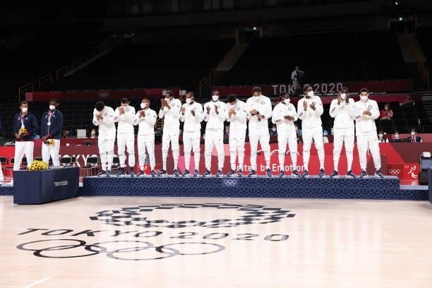 The USA Men's National Team celebrate during the Medal Ceremony of the 2020 Tokyo Olympics at the Saitama Super Arena on August 7, 2021 in Tokyo,...
