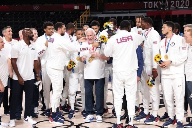 Head Coach Gregg Popovich of the USA Men's National Team smiles during the Medal Ceremony of the 2020 Tokyo Olympics at the Saitama Super Arena on...