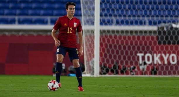 Eric Garcia of Spain controls the ball during the Men's Gold Medal Match between Brazil and Spain on day fifteen of the Tokyo 2020 Olympic Games at...