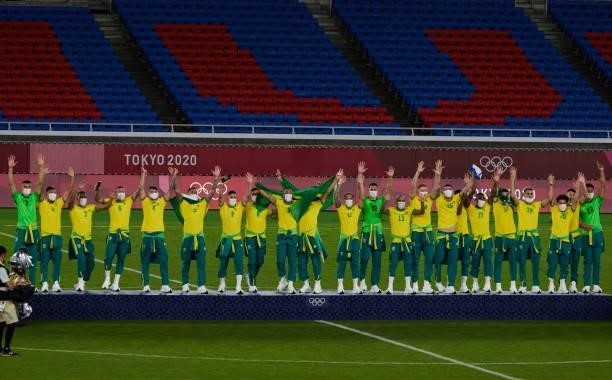 The gold medal winner Brasil during the medal ceremony during the Men's Gold Medal Match between Brazil and Spain on day fifteen of the Tokyo 2020...