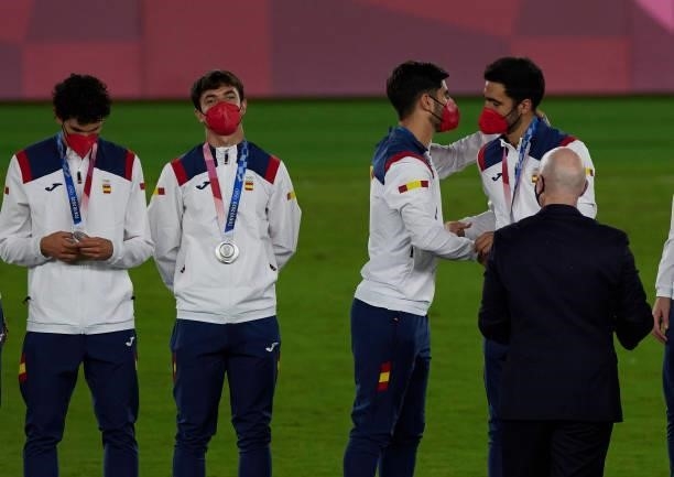 Jesus Vallejo of Spain, Eric Garcia of Spain, Marco Asensio of Spain and Mikel Merino of Spain during the medal ceremony during the Men's Gold Medal...