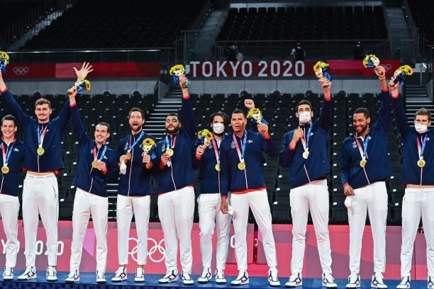 Team of France celebrates the victory during the Men's Final match between ROC and France at Ariake Arena on August 7, 2021 in Tokyo, Japan.