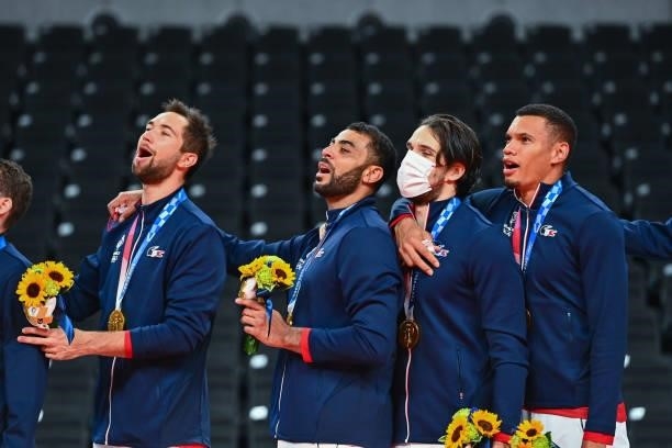 Kevin TILLIE of France, Earvin NGAPETH of France, Antoine BRIZARD of France and Stephen BOYER of France during the Men's Final match between ROC and...