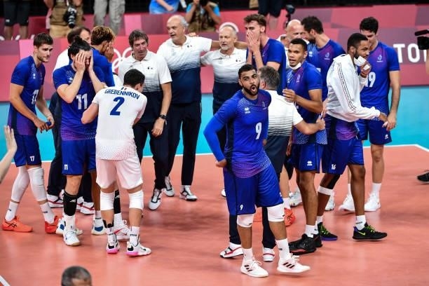 Earvin NGAPETH of France celebrates the victory with his team mates during the Men's Final match between ROC and France at Ariake Arena on August 7,...