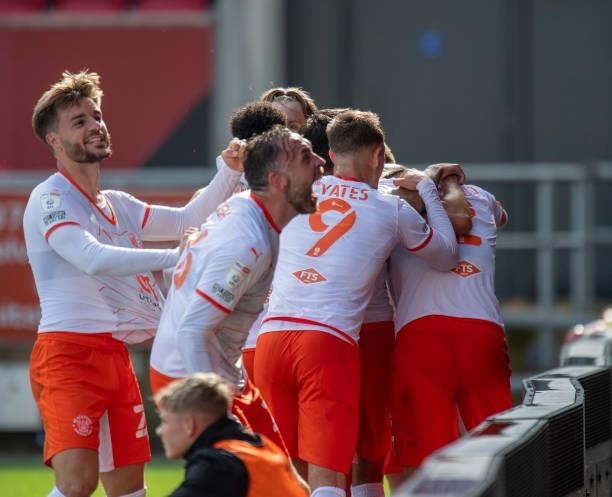 Blackpool celebrates scoring their 1st goal during the Sky Bet Championship match between Bristol City and Blackpool at Ashton Gate on August 7, 2021...