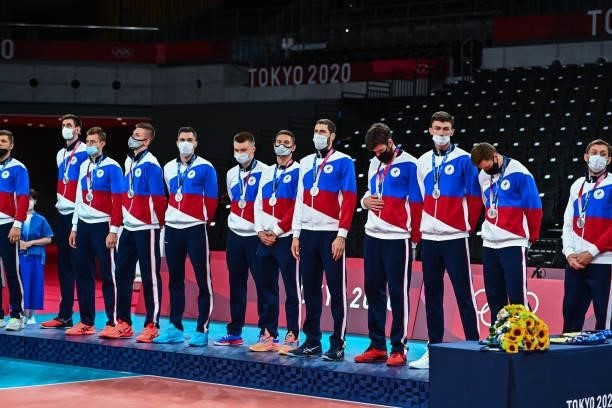 Team of Russia with the silver medal during the Men's Final match between ROC and France at Ariake Arena on August 7, 2021 in Tokyo, Japan.