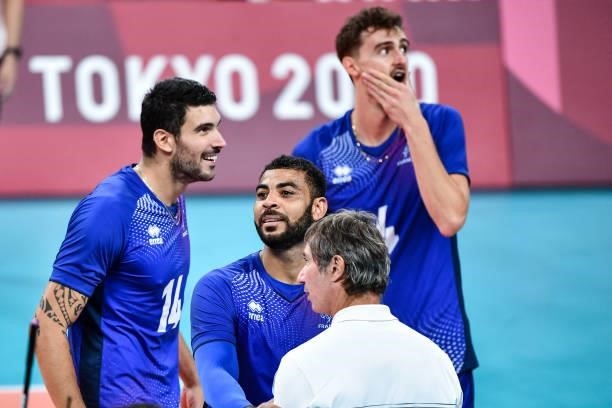 Earvin NGAPETH of France celebrates the victory with Laurent TILLIE coach of France during the Men's Final match between ROC and France at Ariake...