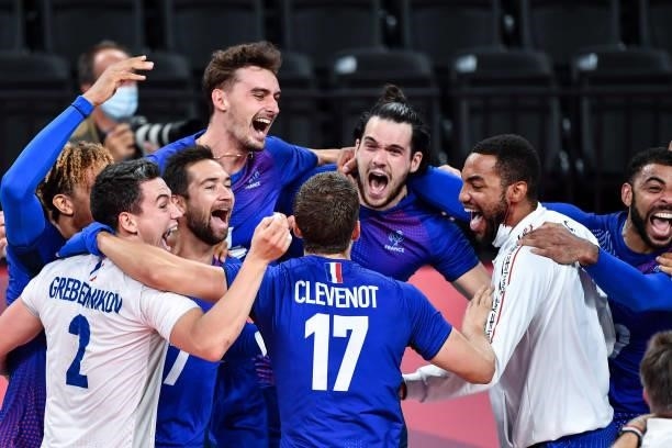 Antoine BRIZARD of France celebrates the victory with his team mates during the Men's Final match between ROC and France at Ariake Arena on August 7,...