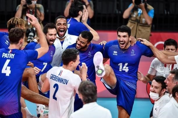 Team of France celebrates the victory during the Men's Final match between ROC and France at Ariake Arena on August 7, 2021 in Tokyo, Japan.
