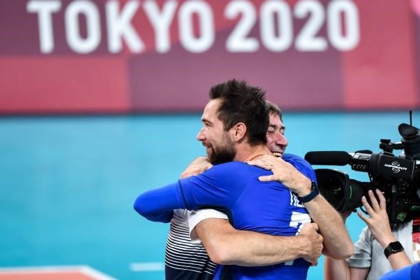 Kevin TILLIE of France celebrates with his father Laurent TILLIE coach of France during the Men's Final match between ROC and France at Ariake Arena...