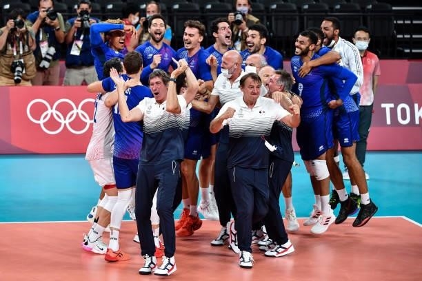 Laurent TILLIE coach of France celebrates the victory during the Men's Final match between ROC and France at Ariake Arena on August 7, 2021 in Tokyo,...