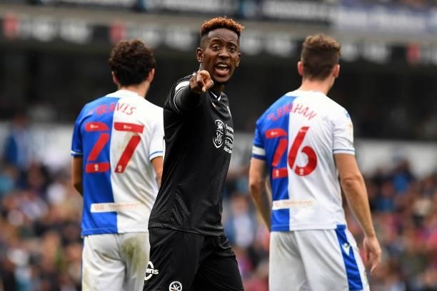 Jamal Lowe of Swansea City during the Sky Bet Championship match between Blackburn Rovers and Swansea City at Ewood Park on August 07, 2021 in...