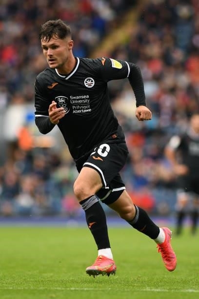 Liam Cullen of Swansea City during the Sky Bet Championship match between Blackburn Rovers and Swansea City at Ewood Park on August 07, 2021 in...