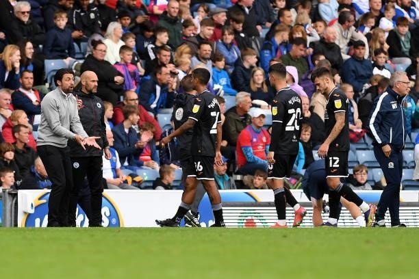 Russell Martin Head Coach of Swansea City shouts instructions to his team from the dug-out during the Sky Bet Championship match between Blackburn...