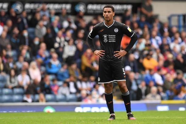 Ben Cabango of Swansea City during the Sky Bet Championship match between Blackburn Rovers and Swansea City at Ewood Park on August 07, 2021 in...