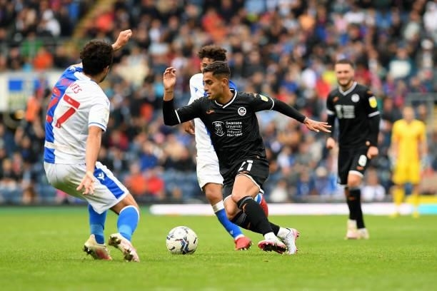Yan Dhanda of Swansea City in action during the Sky Bet Championship match between Blackburn Rovers and Swansea City at Ewood Park on August 07, 2021...
