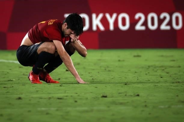 Spain regrets after during the Men's Gold Medal Match between Brazil and Spain on day fifteen of the Tokyo 2020 Olympic Games at International...