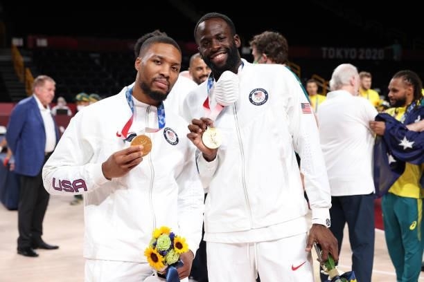Damian Lillard and Draymond Green of the USA Men's National Team pose for a picture during the Medal Ceremony of the 2020 Tokyo Olympics at the...