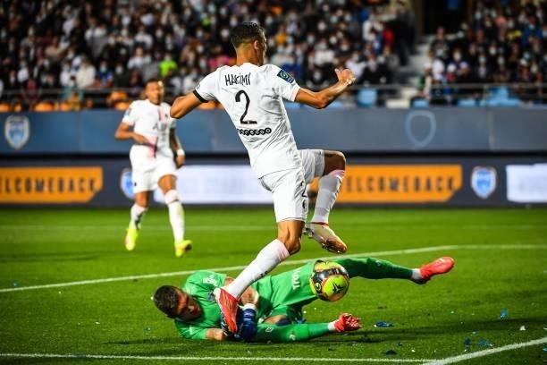 Gauthier GALLON of ESTAC Troyes and Achraf HAKIMI of PSG during the Ligue 1 football match between Troyes and Paris at Stade de l'Aube on August 7,...