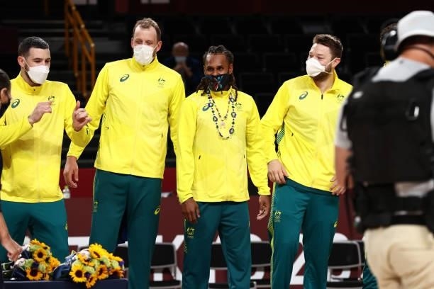 Joe Ingles and Patty Mills of the Australia Men's National Team smile during the Medal Ceremony of the 2020 Tokyo Olympics at the Saitama Super Arena...
