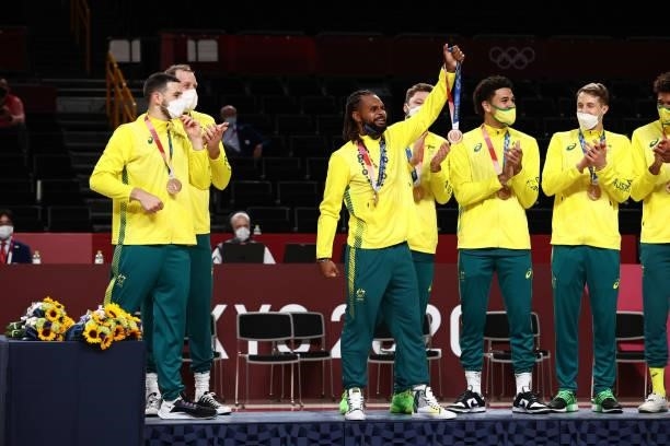 Patty Mills of the Australia Men's National Team celebrates during the Medal Ceremony of the 2020 Tokyo Olympics at the Saitama Super Arena on August...