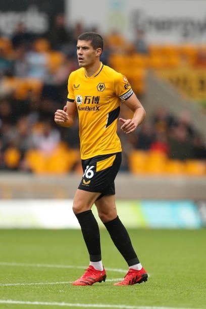 Conor Coady of Wolverhampton Wanderers during the pre season friendly between Wolverhampton Wanderers and Celta Vigo at Molineux on August 7, 2021 in...