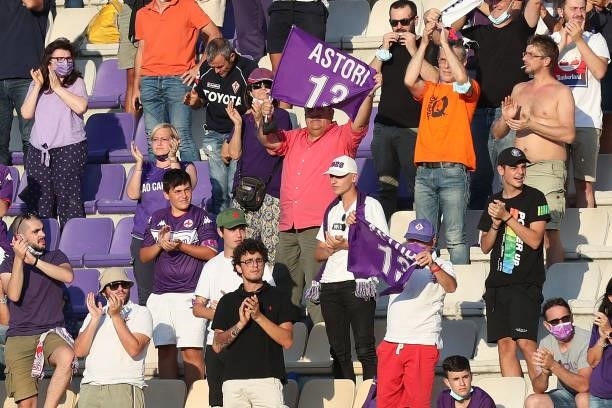 Fans of ACF Fiorentina with flag in memory of Davide Astori during the Pre-Season Friendly match between ACF Fiorentina v Espanyol at Artemio Franchi...
