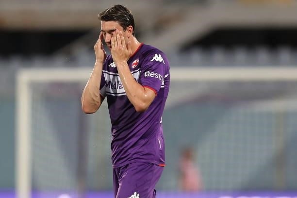 Dusan Vlahovic of ACF Fiorentina reacts during the Pre-Season Friendly match between ACF Fiorentina v Espanyol at Artemio Franchi on August 7, 2021...