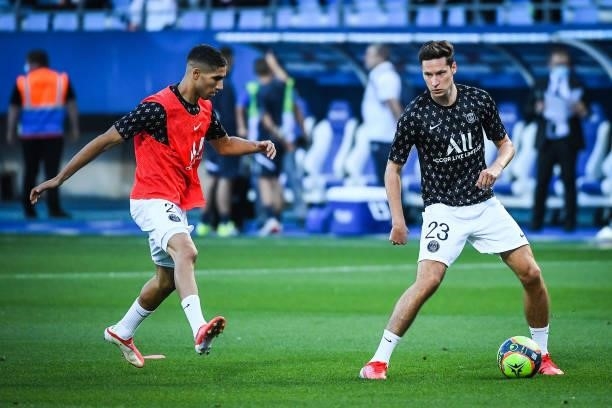 Achraf HAKIMI of PSG and Julian DRAXLER of PSG during the Ligue 1 football match between Troyes and Paris at Stade de l'Aube on August 7, 2021 in...