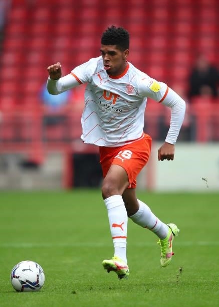 Tyreece John-Jules of Blackpool during the Sky Bet Championship match between Bristol City and Blackpool at Ashton Gate on August 7, 2021 in Bristol,...