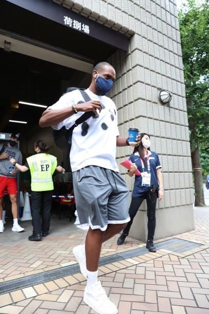 Khris Middleton of the USA Men's National Team departs for the Gold Medal Game against the France Men's National Team on August 7, 2021 in Tokyo,...
