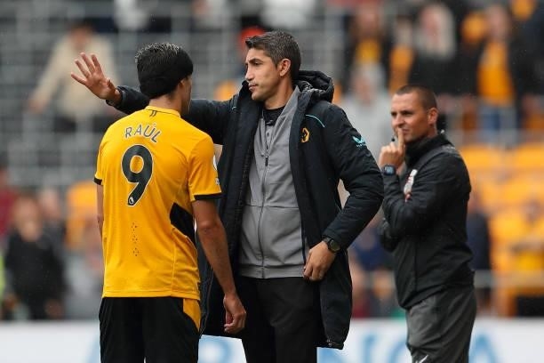 Bruno Lage the manager / head coach of Wolverhampton Wanderers with Raul Jimenez during the pre season friendly between Wolverhampton Wanderers and...