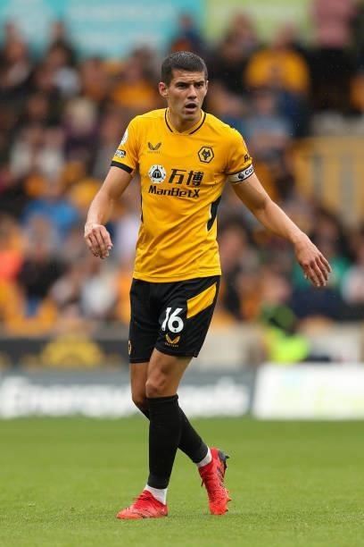 Conor Coady of Wolverhampton Wanderers during the pre season friendly between Wolverhampton Wanderers and Celta Vigo at Molineux on August 7, 2021 in...