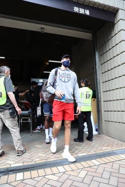 Zach LaVine of the USA Men's National Team departs for the Gold Medal Game against the France Men's National Team on August 7, 2021 in Tokyo, Japan....
