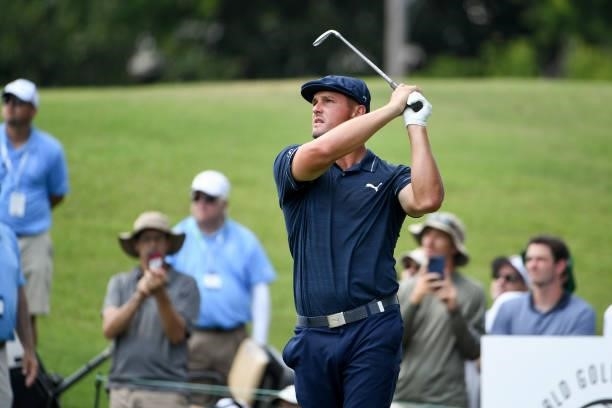 Bryson DeChambeau hits his tee shot at the eighth hole during the third round of the World Golf Championships-FedEx St. Jude Invitational at TPC...