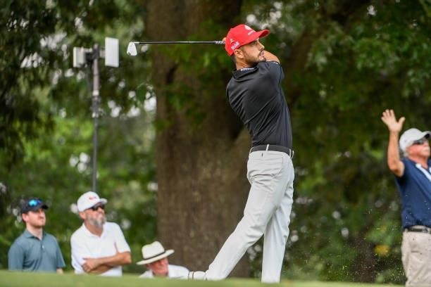 Abraham Ancer of Mexico hits his tee shot at the eighth hole during the third round of the World Golf Championships-FedEx St. Jude Invitational at...