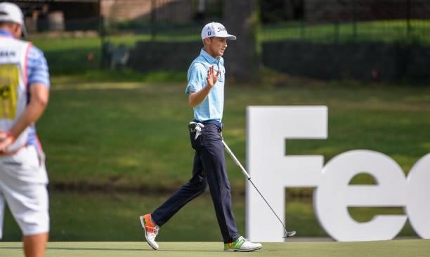 Will Zalatoris makes birdie at the 18th hole during the third round of the World Golf Championships-FedEx St. Jude Invitational at TPC Southwind on...