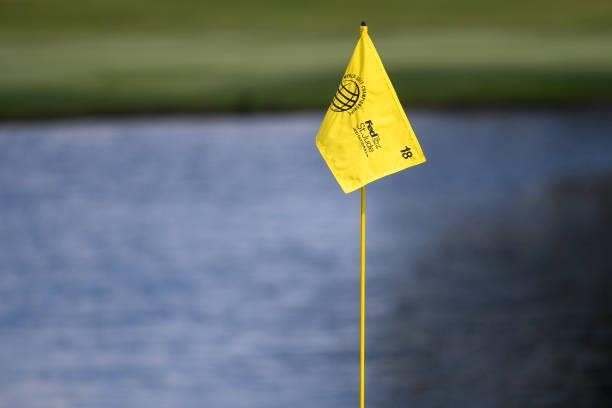 The pin flag at the 18th hole during the third round of the World Golf Championships-FedEx St. Jude Invitational at TPC Southwind on August 7, 2021...
