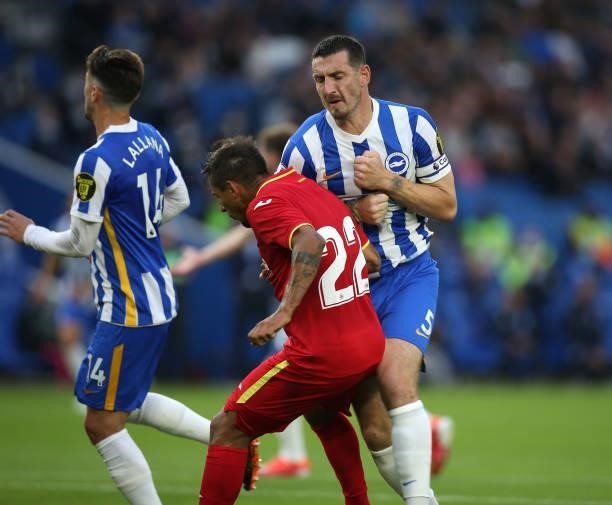 Lewis Dunk of Brighton reacts to a piece of foul play by Suarez of Getafe and retaliates during the Pre Season Friendly Match between Brighton & Hove...