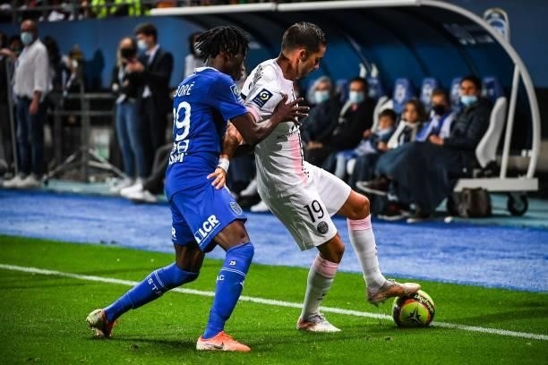 Issa KABORE of Troyes and Pablo SARABIA of PSG during the Ligue 1 football match between Troyes and Paris at Stade de l'Aube on August 7, 2021 in...