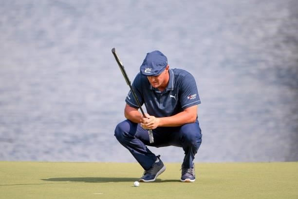 Bryson DeChambeau looks over his putt at the 18th hole during the third round of the World Golf Championships-FedEx St. Jude Invitational at TPC...