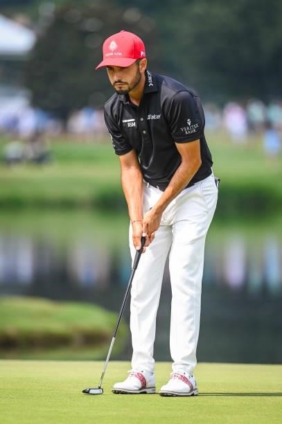 Abraham Ancer of Mexico practices his putting stroke on the 12th hole green during the third round of the World Golf Championships-FedEx St. Jude...
